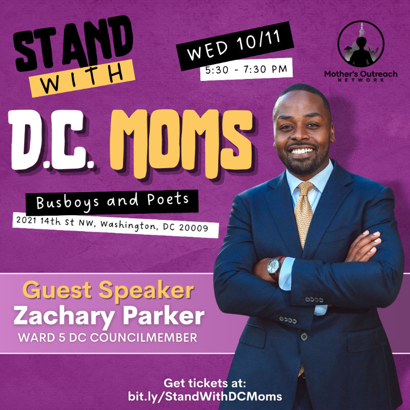 Ad for Stand with DC Moms event with Guest Speaker Zachary Parker.