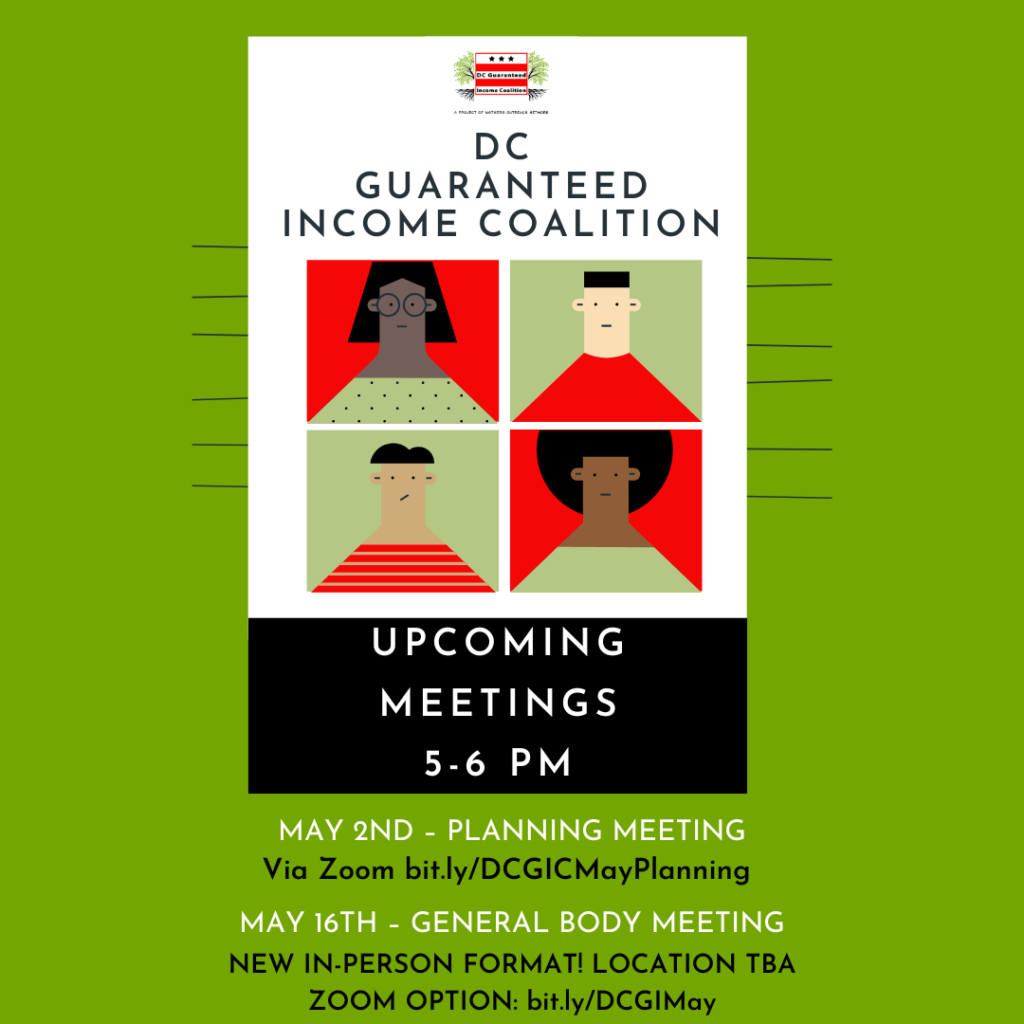DC Guaranteed Income Coalition graphic for May 2024 meetings.