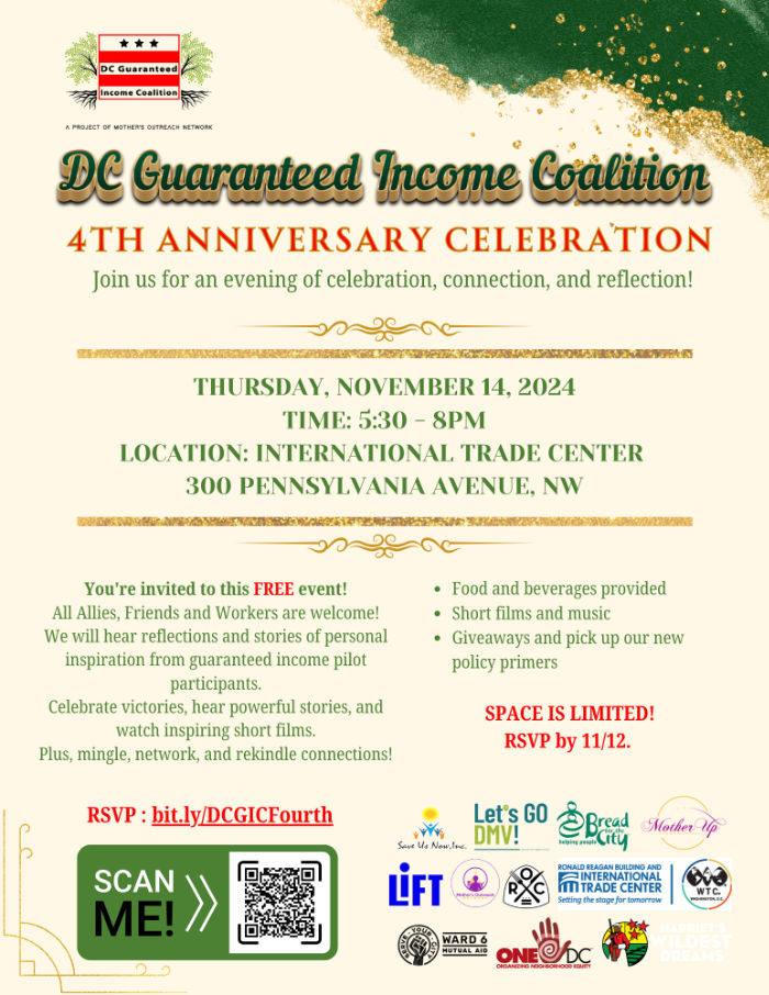 Flyer for DC Guaranteed Income Coalition 4th Anniversary Event.
