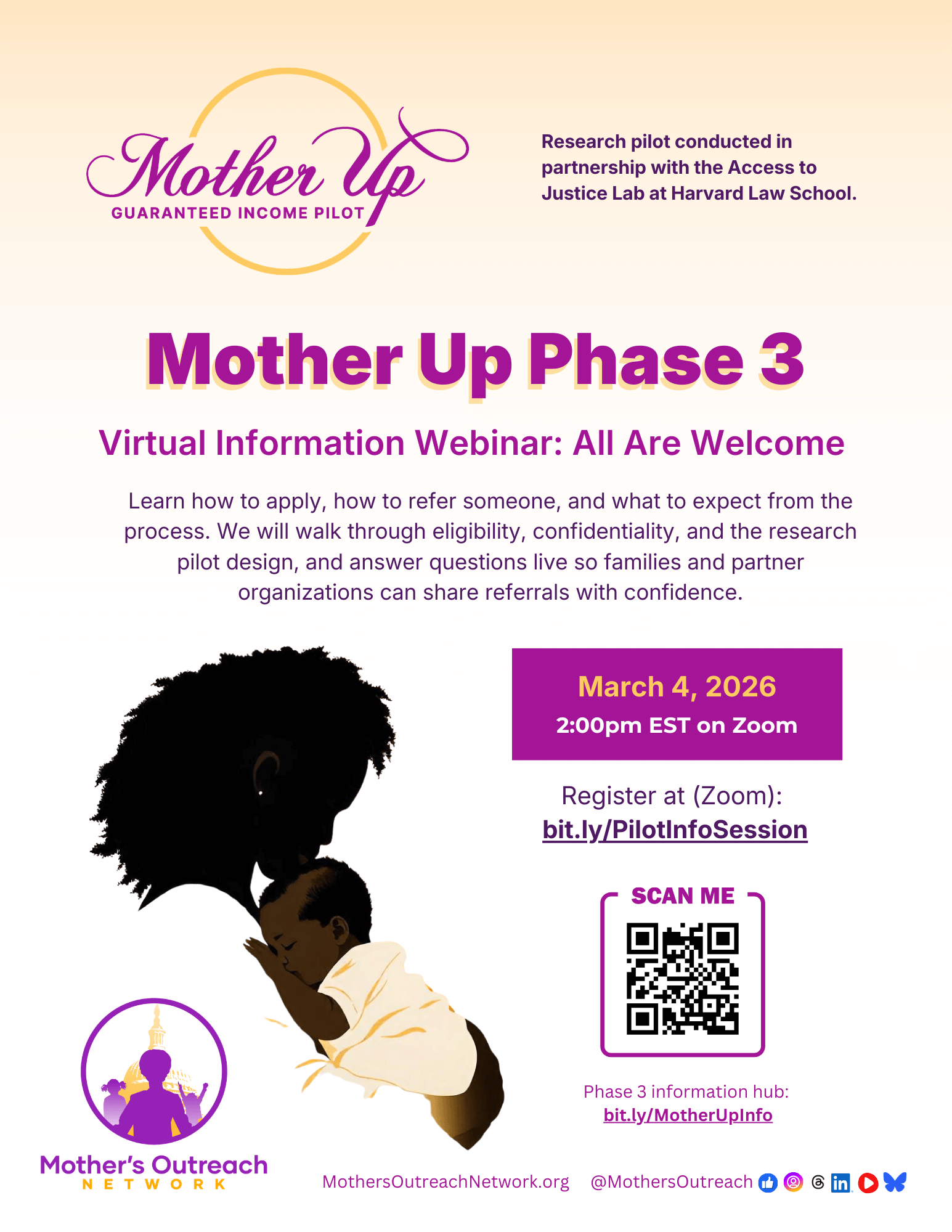 Graphic for Mother Up Phase 3 virtual information webinar on March 4, 2025